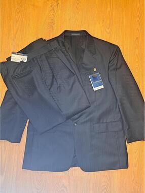 NEW Stafford 2 Piece Suit 40S 35x26 Black Striped Silk Wool